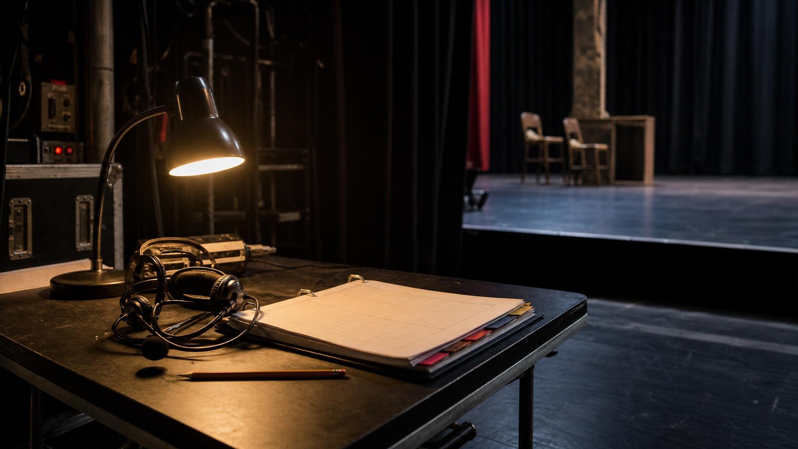 Backstage stage management workspace with headset and show cues