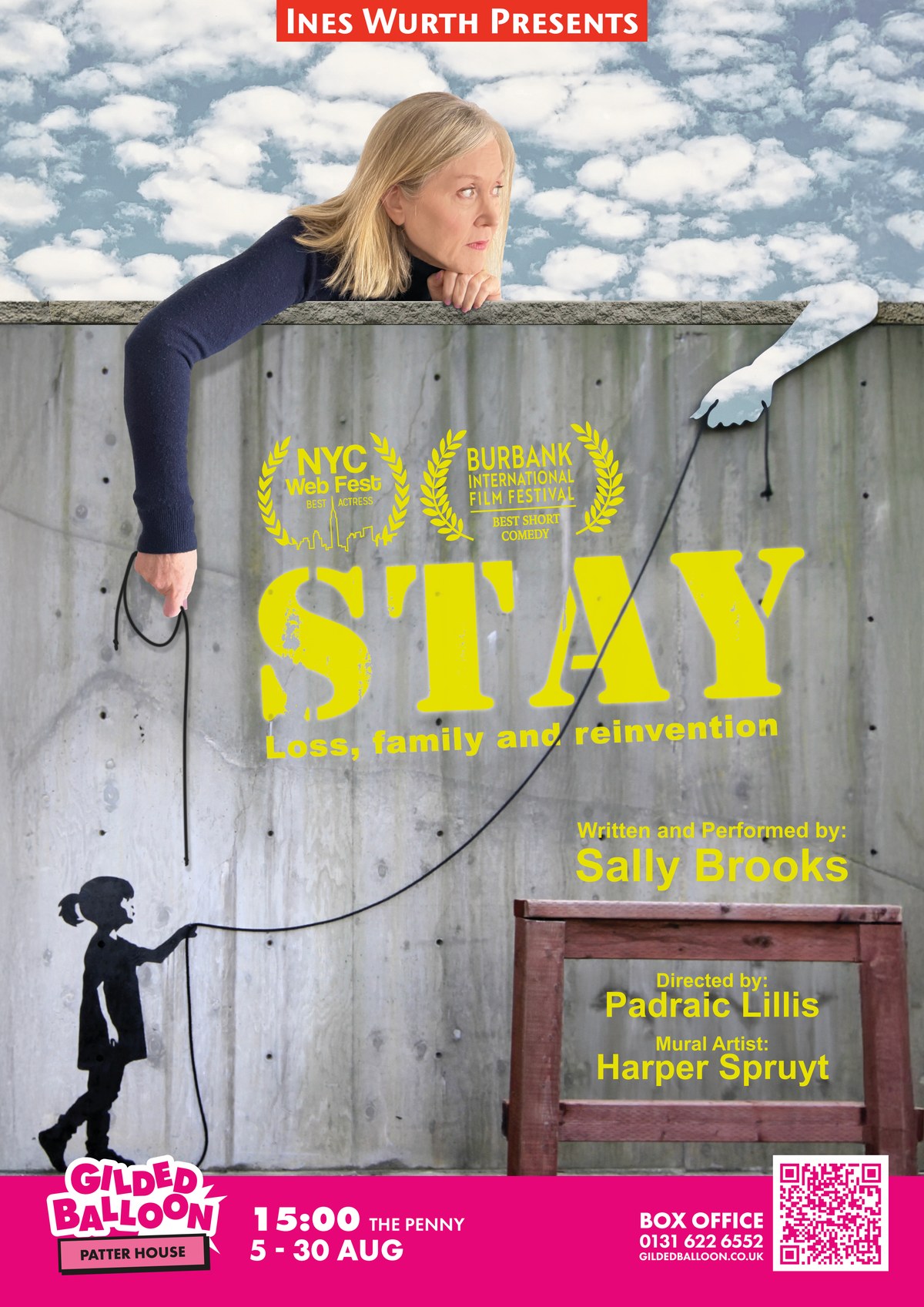 Poster for “Stay” showing a blonde woman leaning over a concrete wall beneath a cloudy sky, with a child silhouette holding a string below.